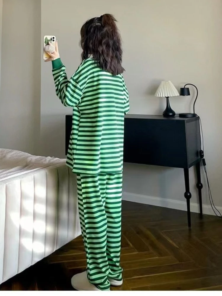 حجم كبير Ins الاتجاه منامة النساء الربيع قوس قزح مخطط فضفاض بأكمام طويلة البلوز بنطلون دعوى طالب عنبر المتسكعون