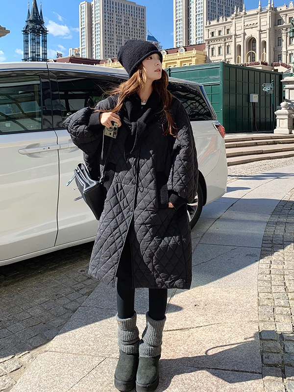 

Black Knitted Shoulder Wrap Duck Feather Cotton Jacket Women's Mid-Length Winter Korean Style Super Beautiful Cotton Coat