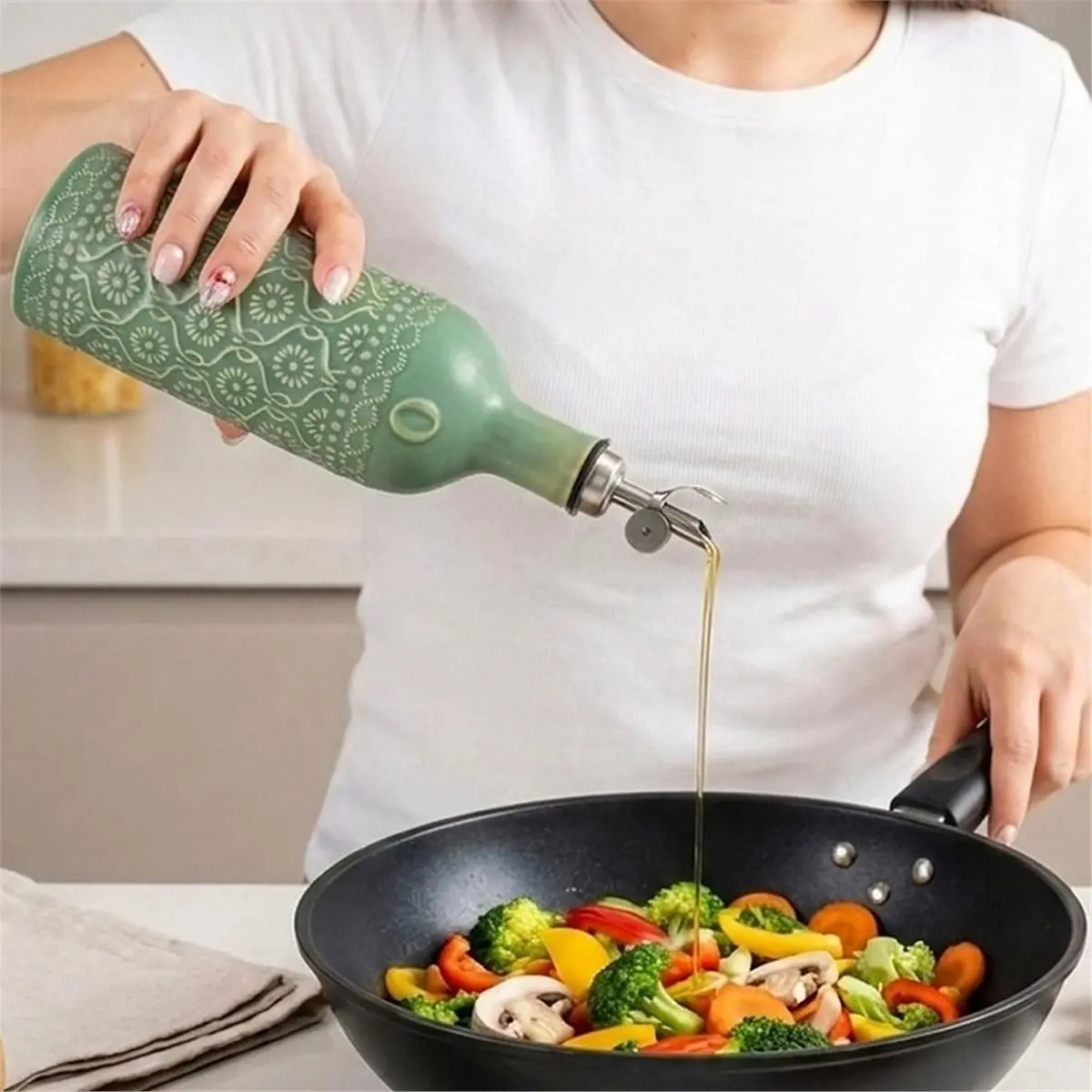 18oz Ceramic Olive Oil Dispenser Bottle - Caramel Auto-Pour Spout, UV Protection, Lead-Free Porcelain, Perfect Green