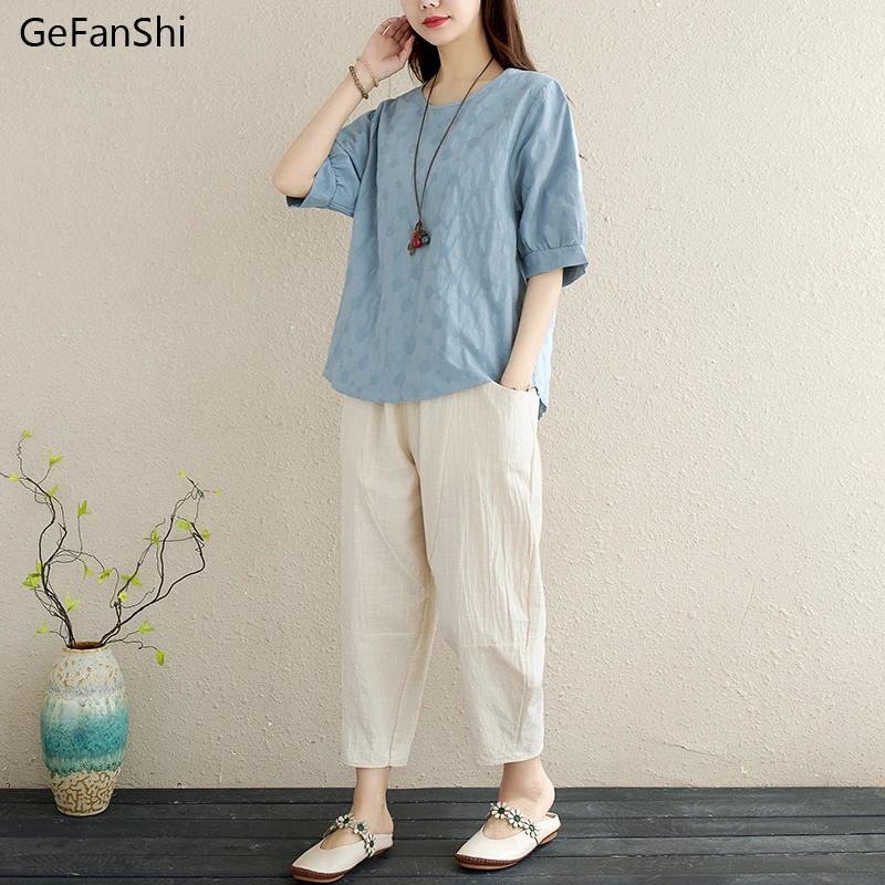 2024 Summer Women 2Pcs Solid Short Sleeve Blouse+Pants Office Lady Cotton Linen Set Casual Loose Fashion Tops And Trousers Sets