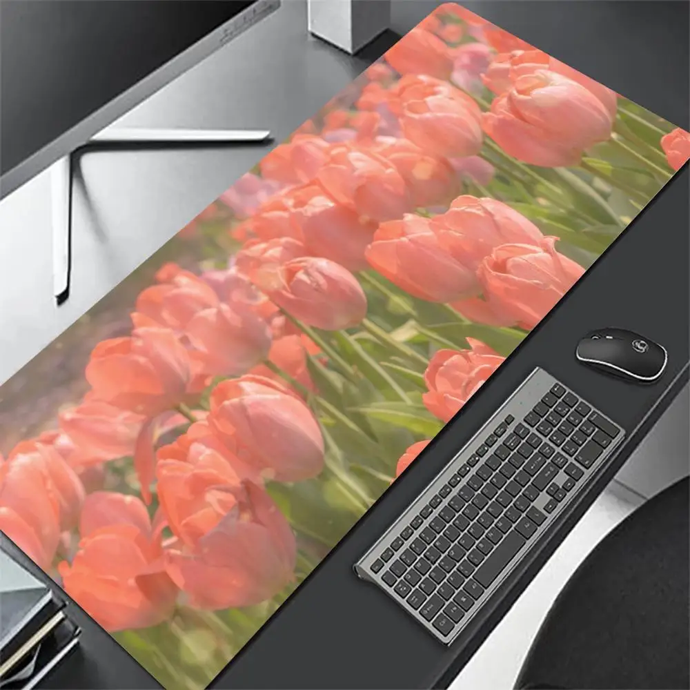 

Kawaii Desk Mats Laptop Table Mat PC Gamer Teclado Mouse Pad Pink Tulip flowers Mouse Pad Anti-slip rug Computer Gamer Desk Mat