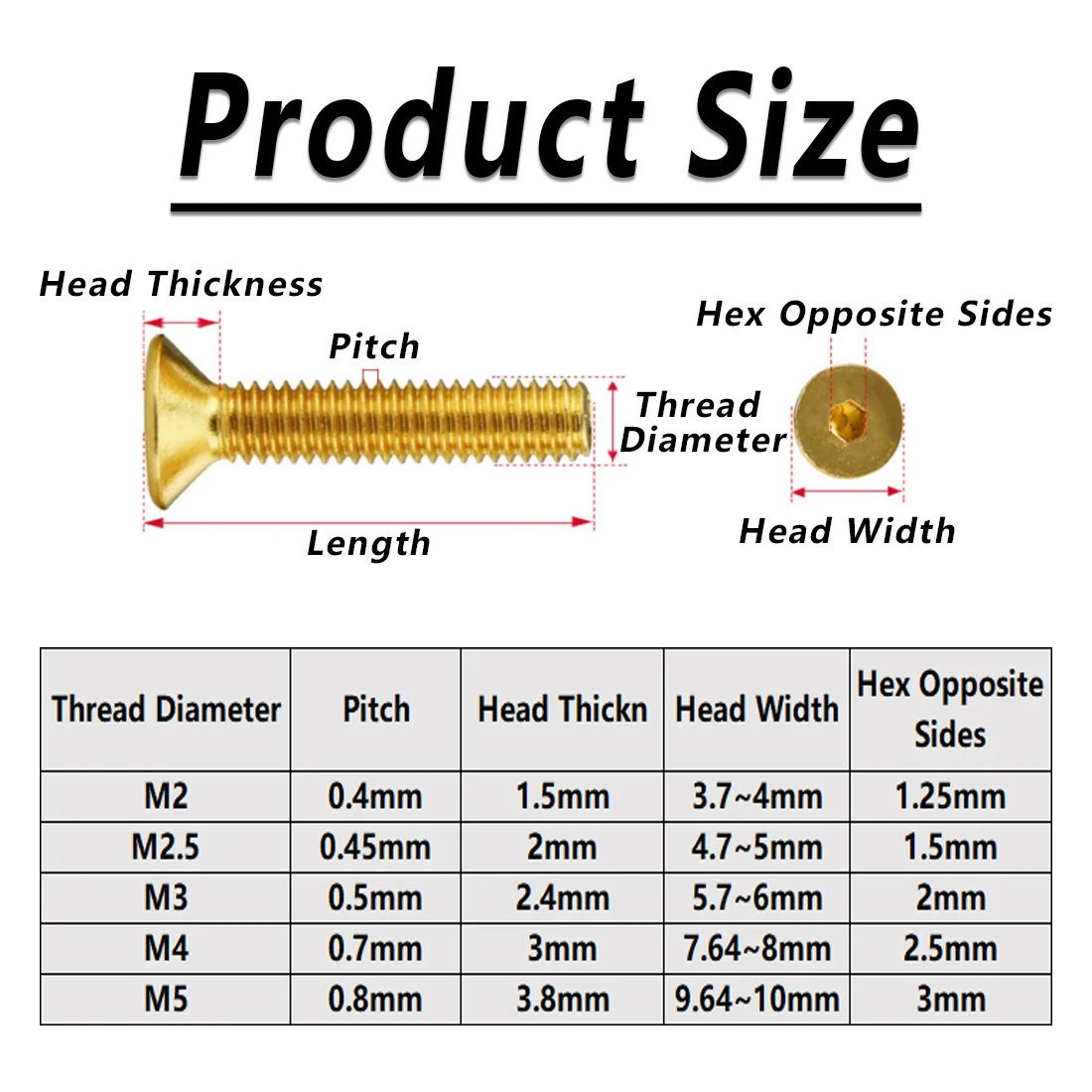 10pcs Din7991 M2 M2.5 M3 M4 M5 M6 Grade 12.9 With Gloden Colour Titanium Gold Plated Flat Hex Countersunk Head Screw L 4mm-40mm