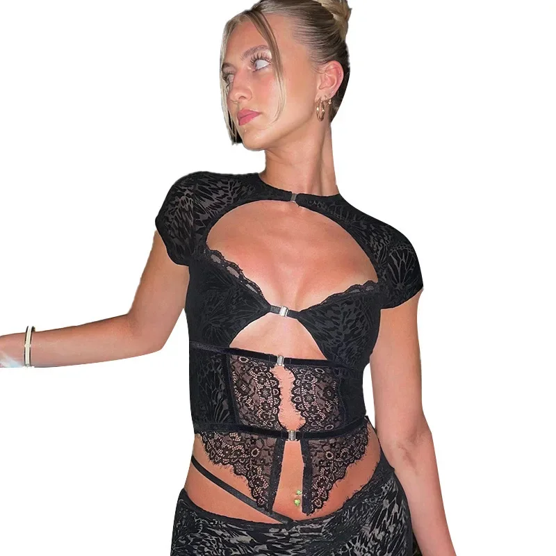 Stil Samt Jacquard Spitze ausgehöhlt Riemen Top mit hoch taillierten geraden Bein Micro Flared lange Hosen für Frauen CSM132-4