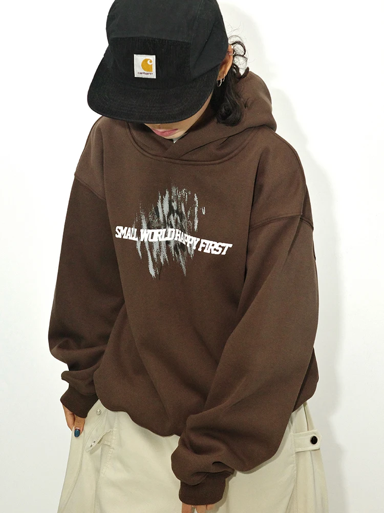 

Guluwoo Новая осенняя толстовка в американском ретро-стиле, повседневная, коричневая, с капюшоном, на флисовой подкладке, с буквенным принтом, свободного кроя, с длинными рукавами