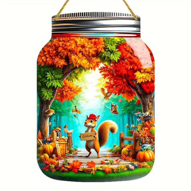 Autumn forest squirrel acrylic mason jar,indoor or outdoor wall decoration,room decoration home decoration,bar,cafe,shop