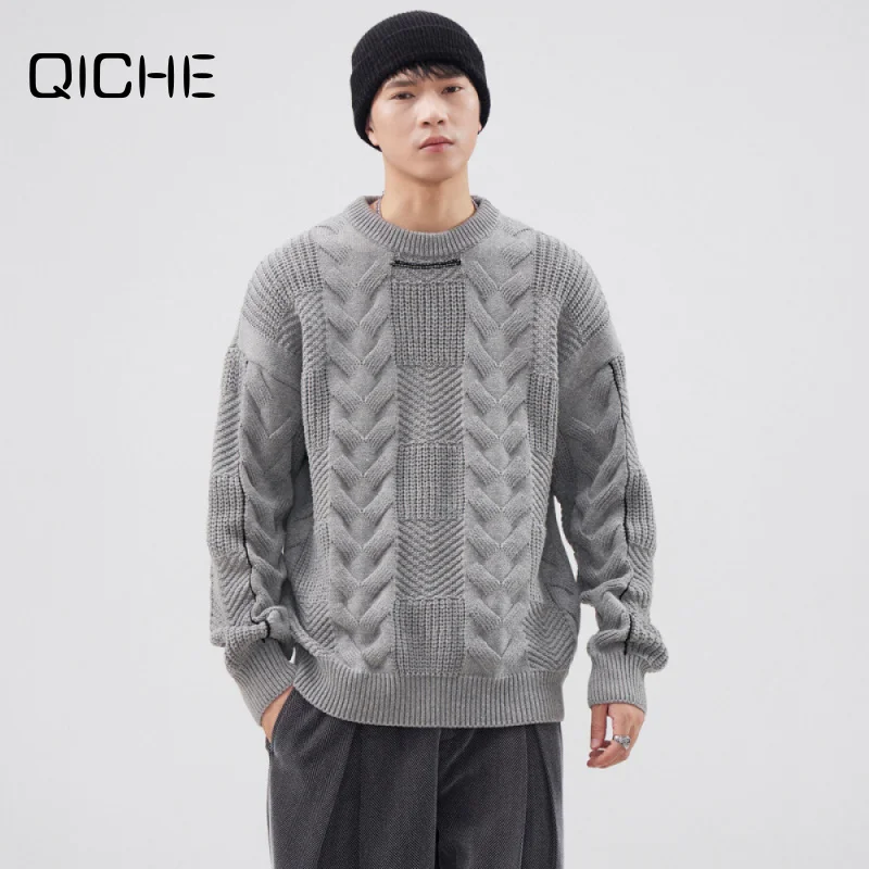 QICHE 2026 Autumn Men Crew Neck Knitwear, Trendy Textured Surface Loose Sweater, Versatile Casual Base Layer