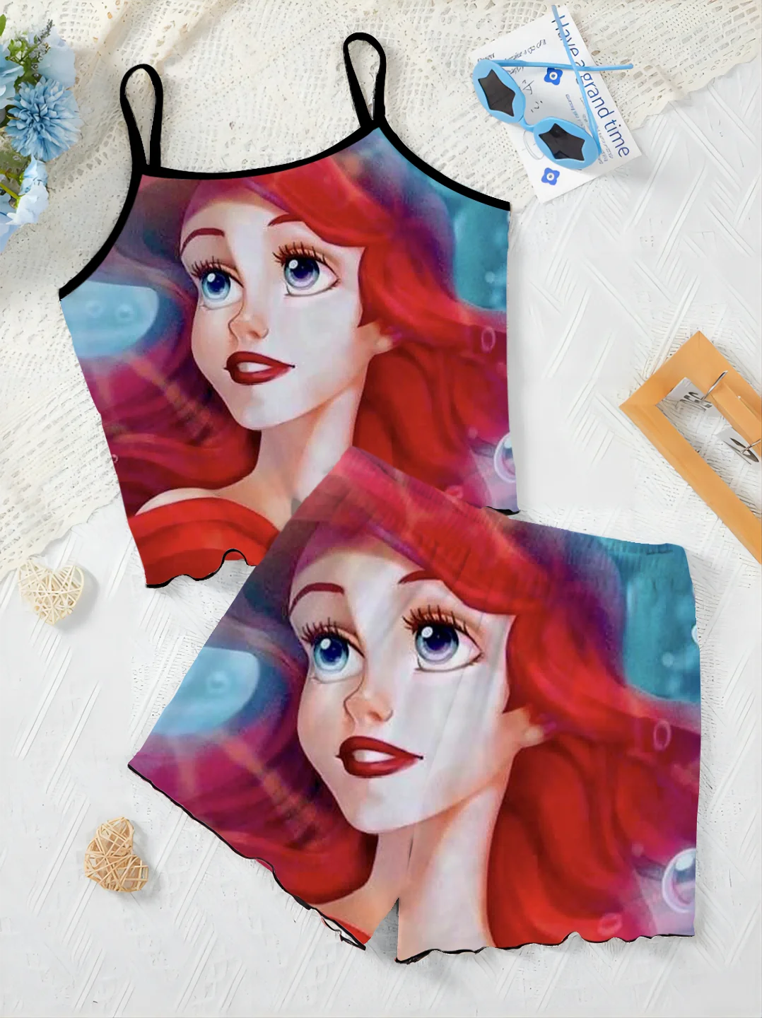 T-shirt Sałata Trim Krótkie zestawy dla kobiet 2-częściowy top Disney Mermaid Slip Dress Piżama Spódnica Nowy dwuczęściowy zestaw Elegancki damski