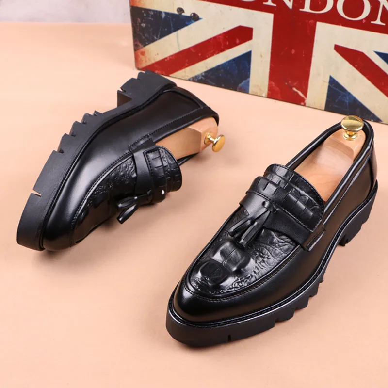 Korean style men casual business wedding formal dress genuine leather tassels shoes slip-on driving shoe black platform loafers