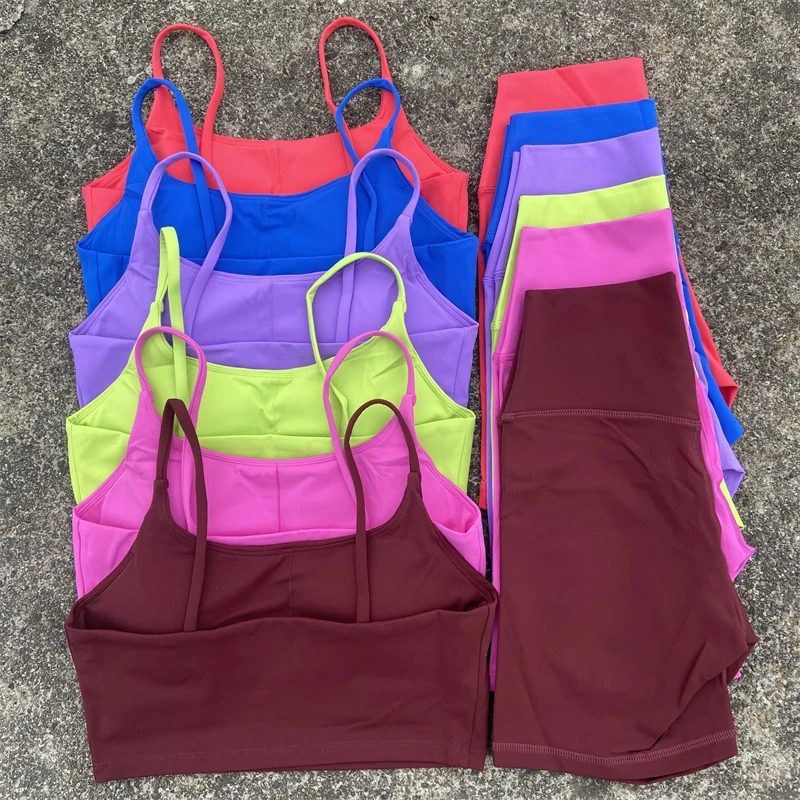 

Solid Color Soft Women Yoga Setspaghetti Strap Gym Vest Tight Sport Bra+High Waist Yoga Short Legging 2pc Sportwear Workout Wear