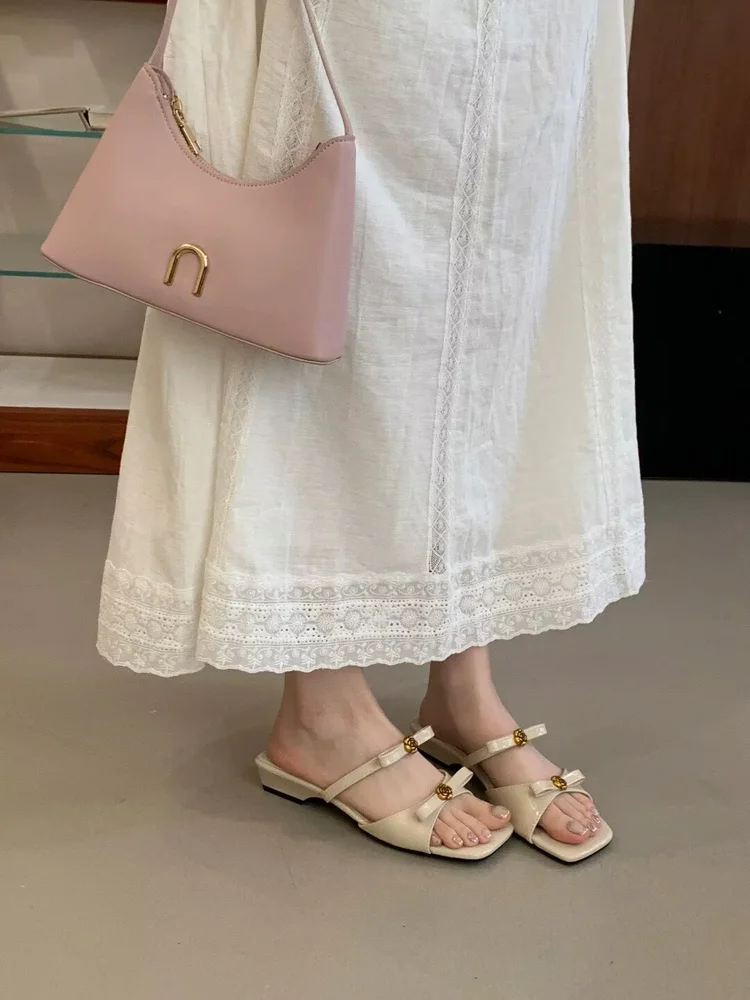 Sheepskin Version Summer Popular Flat Sandals Women's Outdoor Wear Beautiful  Knot Matching Skirts Slope Heel Beach ...