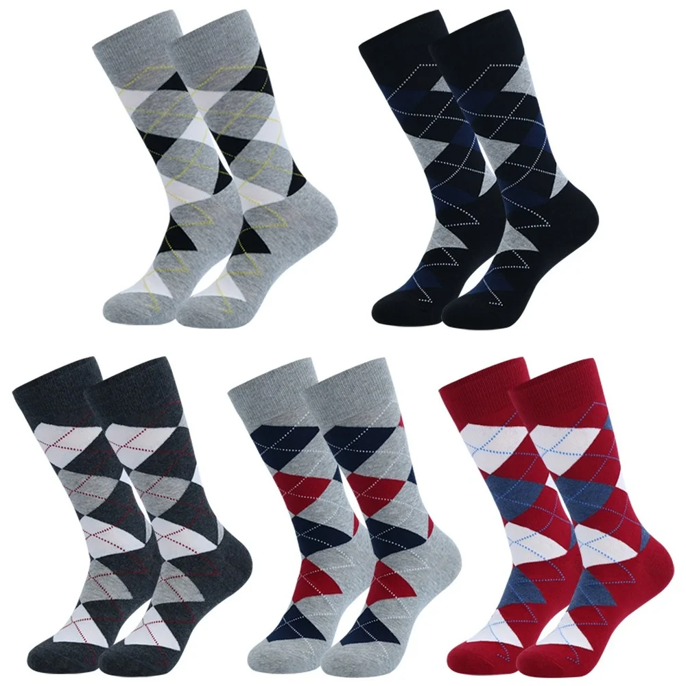 5 Pairs Fashion Colorful Business Men Dress Socks High Quality Cotton Large Size Striped Diamond Casual Men Socks