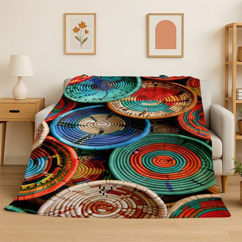 Colorful Flower Woven Baskets Mandala Art Ethiopia Flannel Blanket Soft Throw Blanket for Bedroom Living Room Bed Picnic Cover