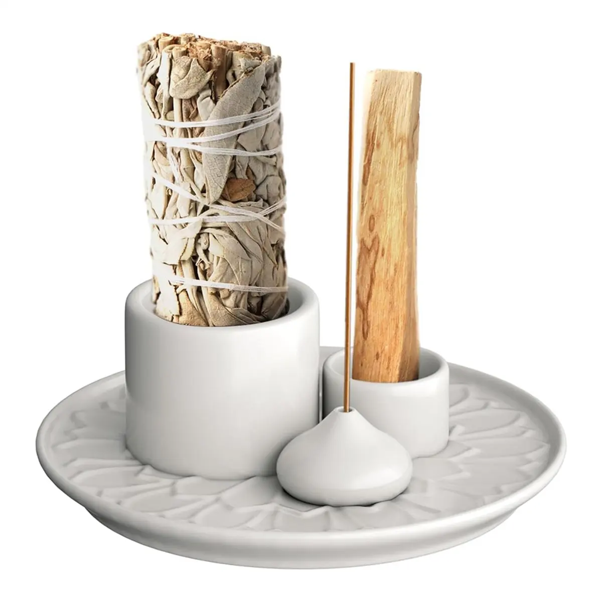 KSOL Candle Holder-4 in 1 Incense & Candle Holder - Ceramic Incense Holder Ash Catcher Tray for Meditations Room White