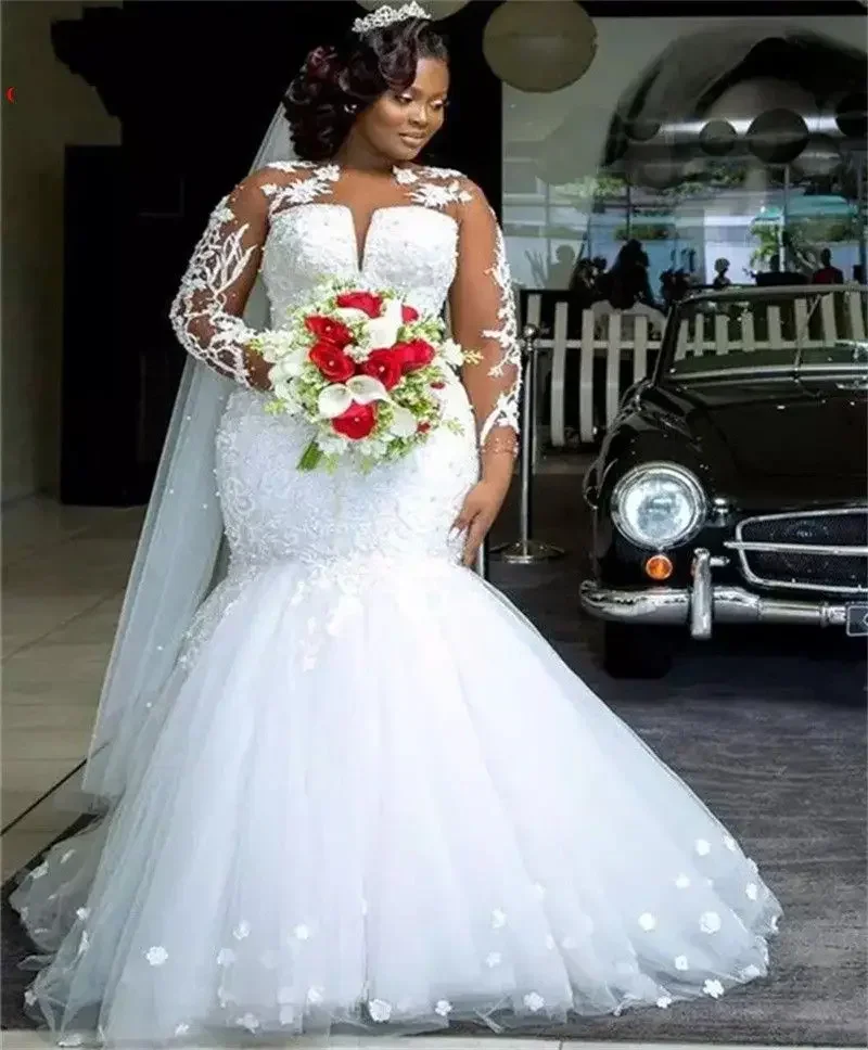 Customized  African  Full Lace Applique  Wedding Dress Crystal Beads Pearls Long Sleeves Hand Made Flowers Bridal Gowns