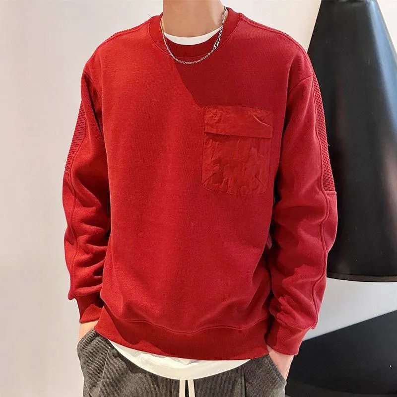 New Autumn/Winter Fashion Brand Solid Round Neck Panel Pocket with Plush Thickened Loose and Versatile Men's Casual Sweater