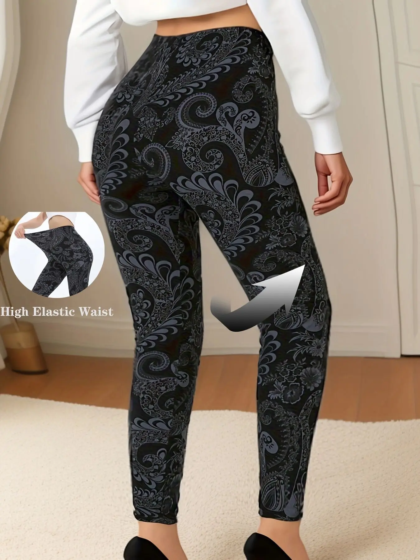 CUHAKCI Plus Size Super Elastic Fashion Tight Pants Black Bottom Flower Vine Comfortable Fashion Women's Tight Sports Pants