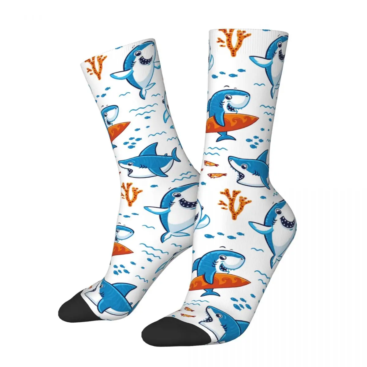 

Cool Cartoon Surf Shark Cute Ocean Sea Soccer Socks Polyester Crew Socks for Unisex Sweat Absorbing