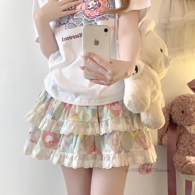 Sanrio Hello Kitty Fresh Cartoon Sweet Fluffy Skirt Y2k Cute Soft Girl Lace Short Skirt Japanese Style Harajuku Trend Half Skirt