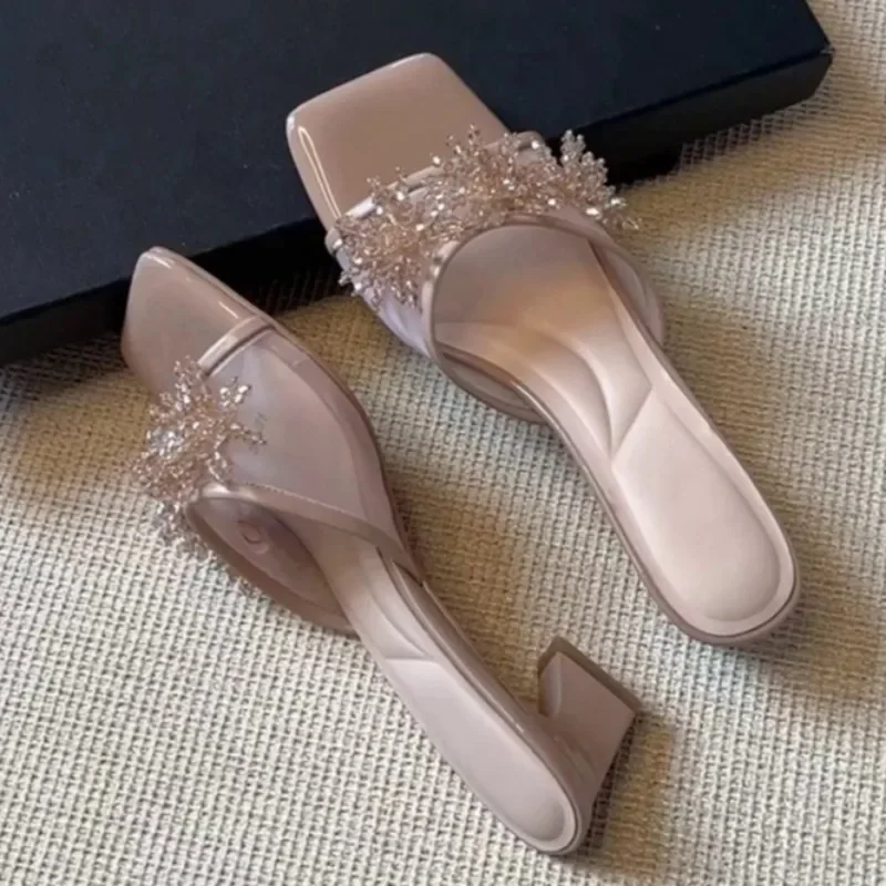 

Square Toe Mesh Beautiful Slippers for Women Summer Outside Wear with Skirt New Rhinestone Flower Block Heel High Heels