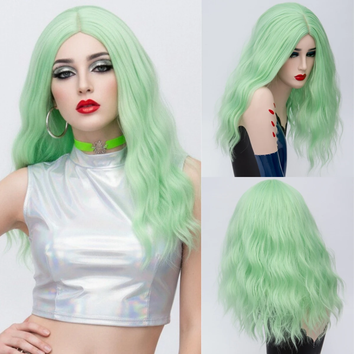 

Synthetic Long Curly Mint Green Wig with Bangs for Woman Cosplay Lolita Themed Party Realistic Fake Hair