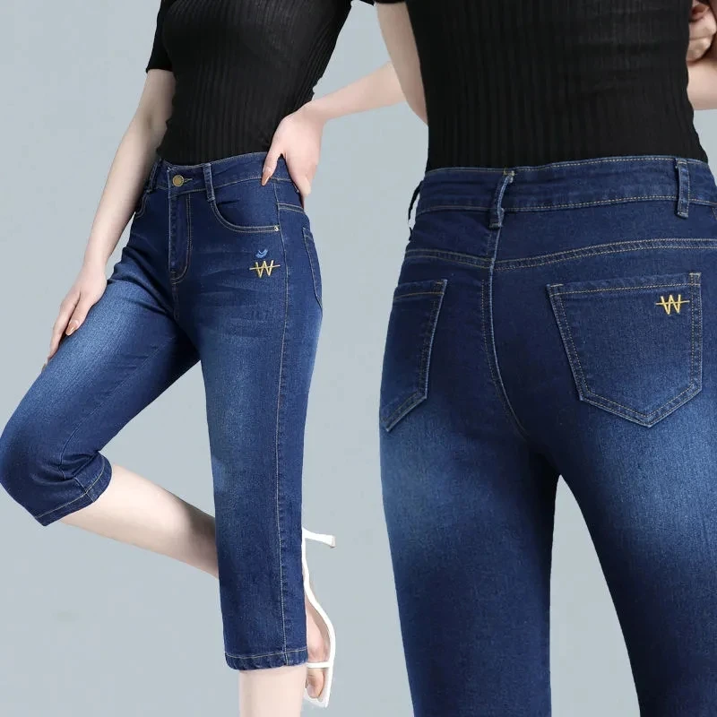 Women'S Pants High Waist Jeans Plus Size Feminino Pants Capri Leggings Women Plus Size Capris Jeans Stretch Denim Knee Length