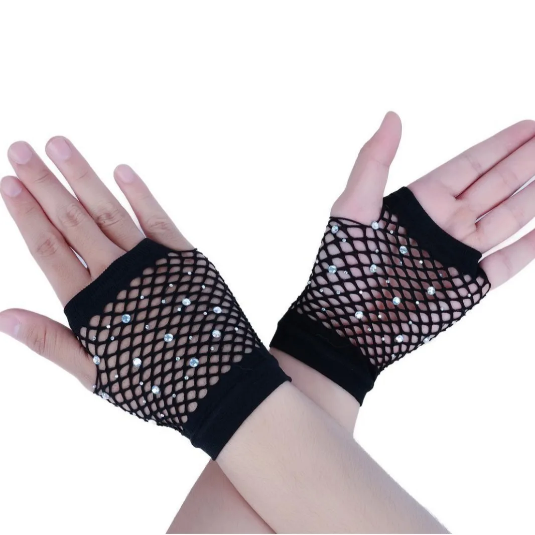 Gloves Fishnet Short Fingerless Rhinestone Mesh Charming Punk Party Costume Women Lightweight Nylon Spandex Black Silver Daily