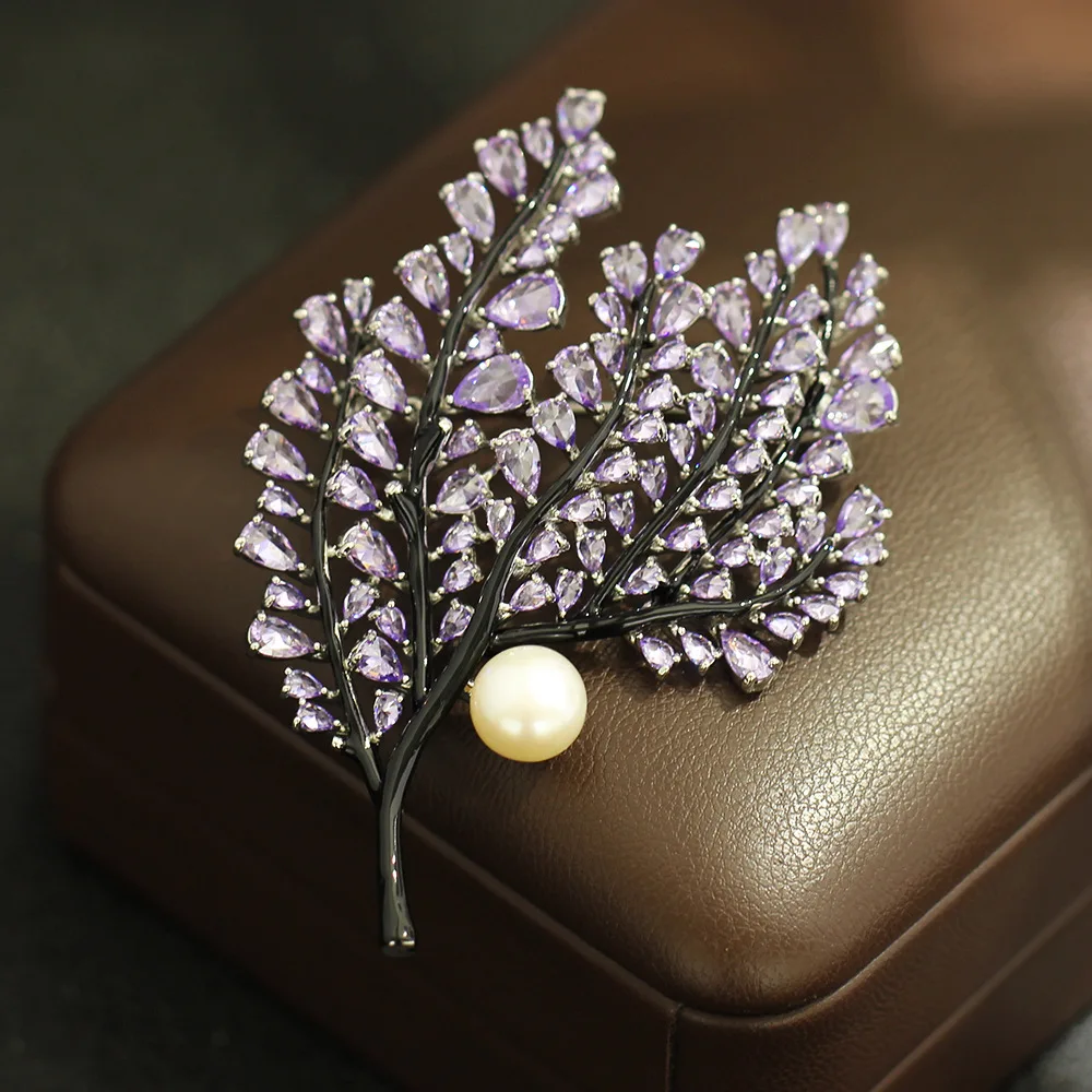 Light Luxury Purple Zircon Tree Branch Pearl Brooch Retro Plant-based Jewelry Coat Suit Decoration Accessories Pin for Women