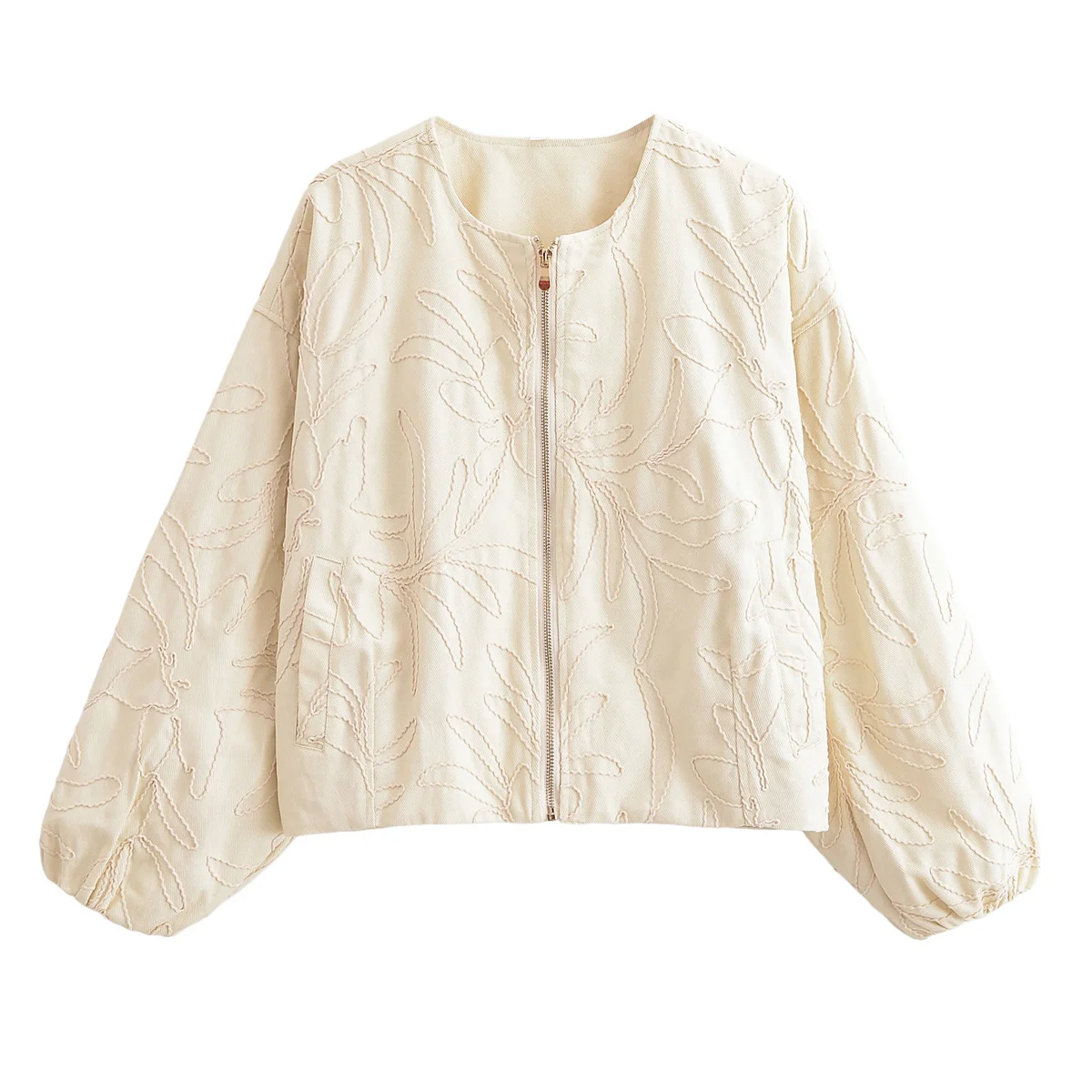 

2025 Women Cropped Jacket Floral Embroidery Puff Sleeves Zipper Design Trendy Look Female Tops