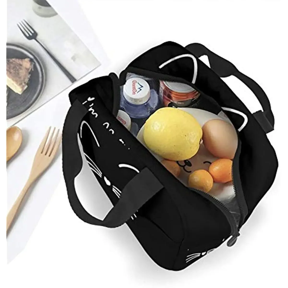 Black Cat Lunch Bag for Women Insulated Lunch Box with Front Pocket for Work Reusable Cooler Tote Bag for Office School Picnic