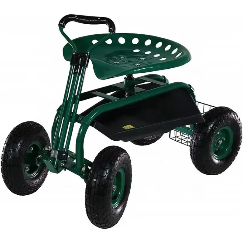 Outdoor Garden Rolling Tractor Work Seat Cart Scooter with Telescoping Handle