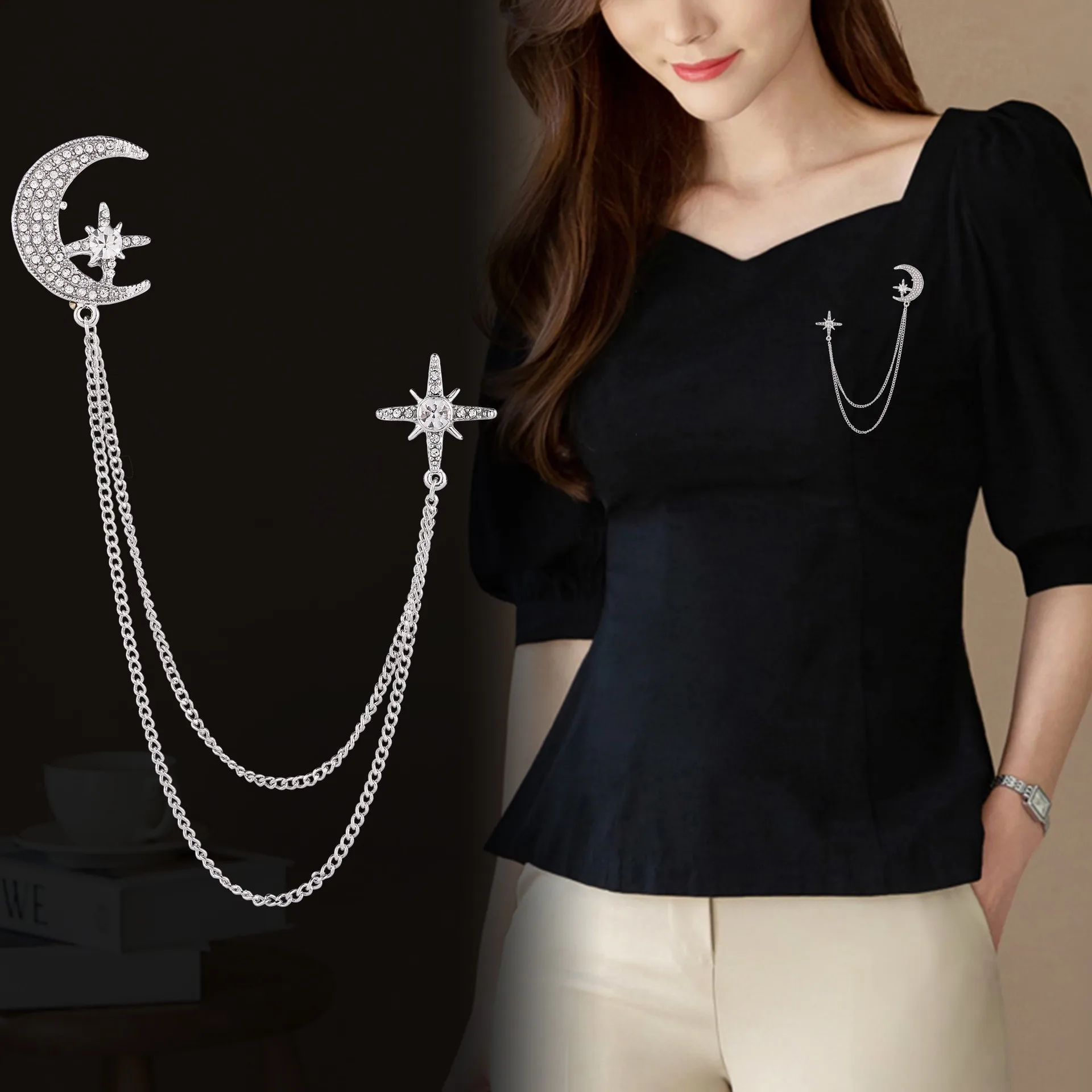 Korean Fashion Moon Starry Brooches For Couple Accessories Elegant Rhinestone Chains Tassels Star Brooch For Women Men Jewelry