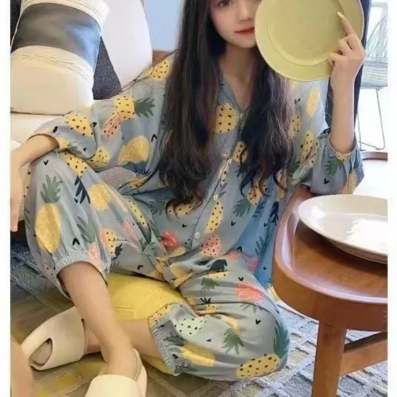 2024 Summer New Pajamas Women\'s Large Size Loose Loungewear Lantern Sleeves V-neck Sleepwear Sweet Thin 150kg Homewear Set