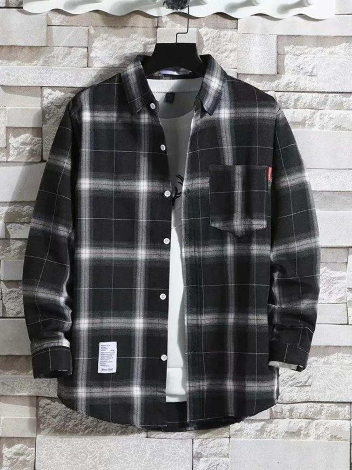 

Мужская повседневная рубашка в клетку больших размеров с длинным рукавом, осенняя, винтажная, в гонконгском стиле, верхняя одежда, модный клетчатый топ для полных мужчин