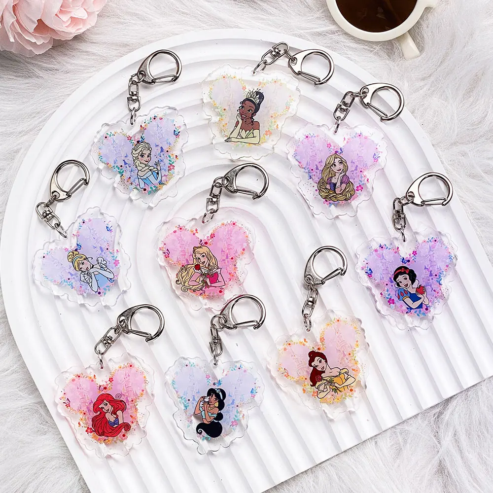 Llavero acrílico de Disney, Ariel, Cenicienta, Rapunzel, Tiana, accesorios para bolsa, colgante para mochila, llavero, regalos para amigos, 1/9 Uds.