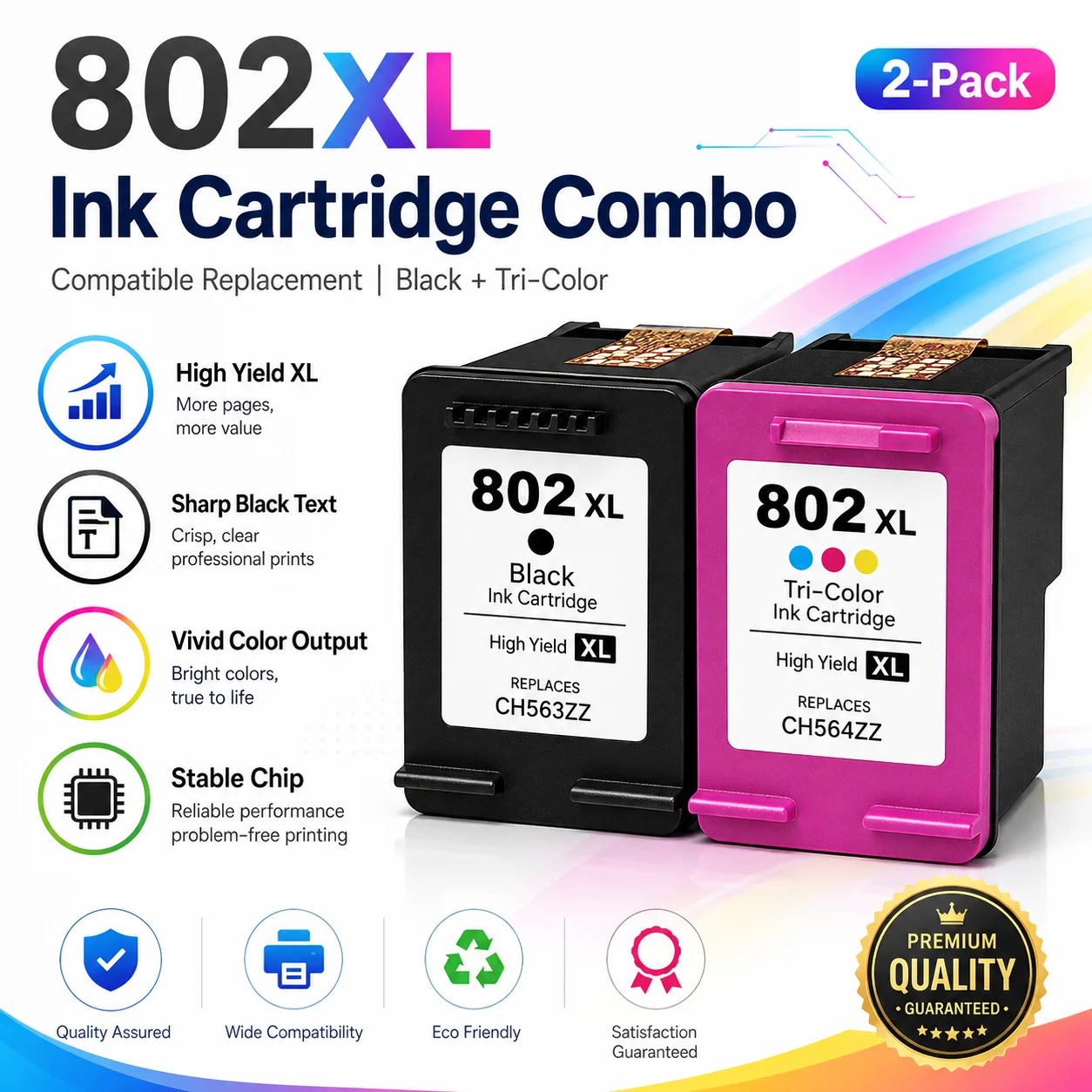 802XL Compatible Ink Cartridge Combo Black Tri-Color High Yield for HP DeskJet 1000 1010 1050 1510 2000 2050