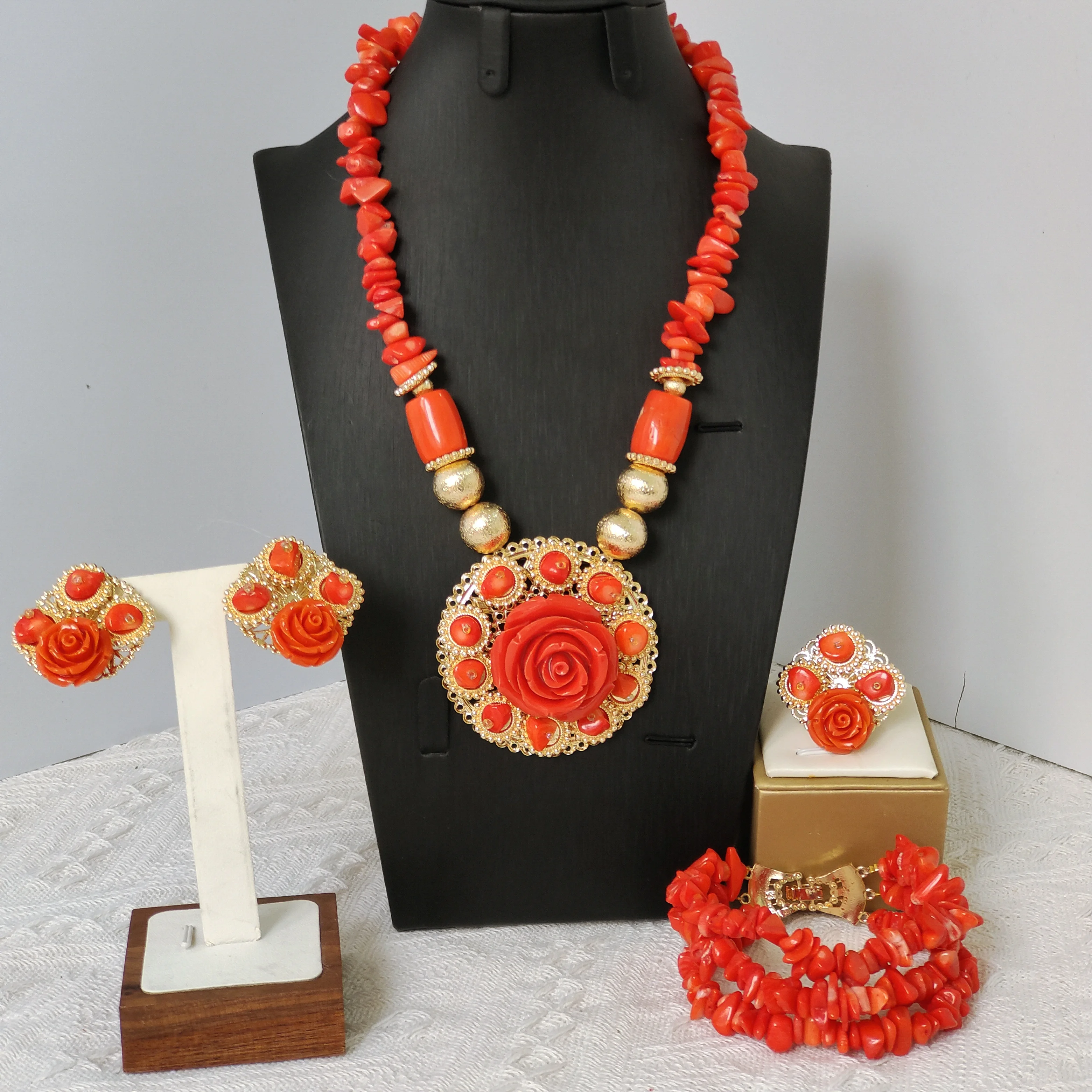 

Orange Nigeria Coral Beads Real Original African Wedding Set Bridal Jewelry
