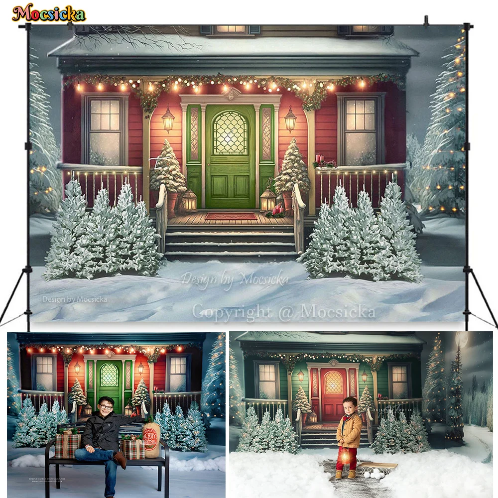 Mocsicka Santa Claus Cabin Background Photography Glitter Lights Pine Tree Snow Backdrop Christmas Eve Kids Outdoor Photo Studio