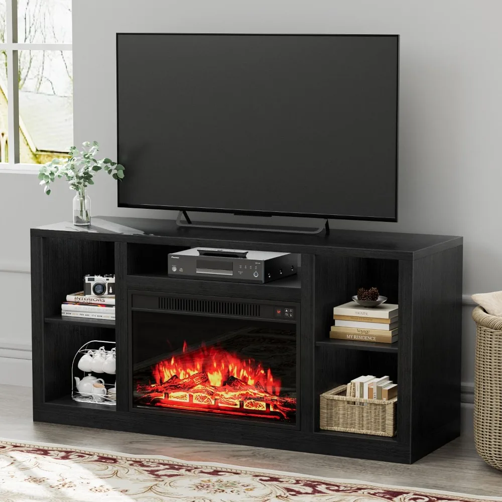 YESHOMY TV Stand with Electric Fireplace, Media Entertainment Centre Console with 2 Adjustable Shelves and 5 Storage Spaces, for