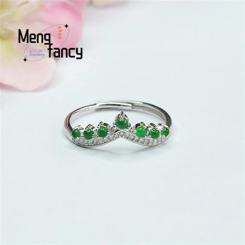 

S925 Silver Lnlaid Natural Jadeite Crown Ice Type Imperial Green Ring Exquisite Elegant Simple High-grade Luxury Quality Jewelry