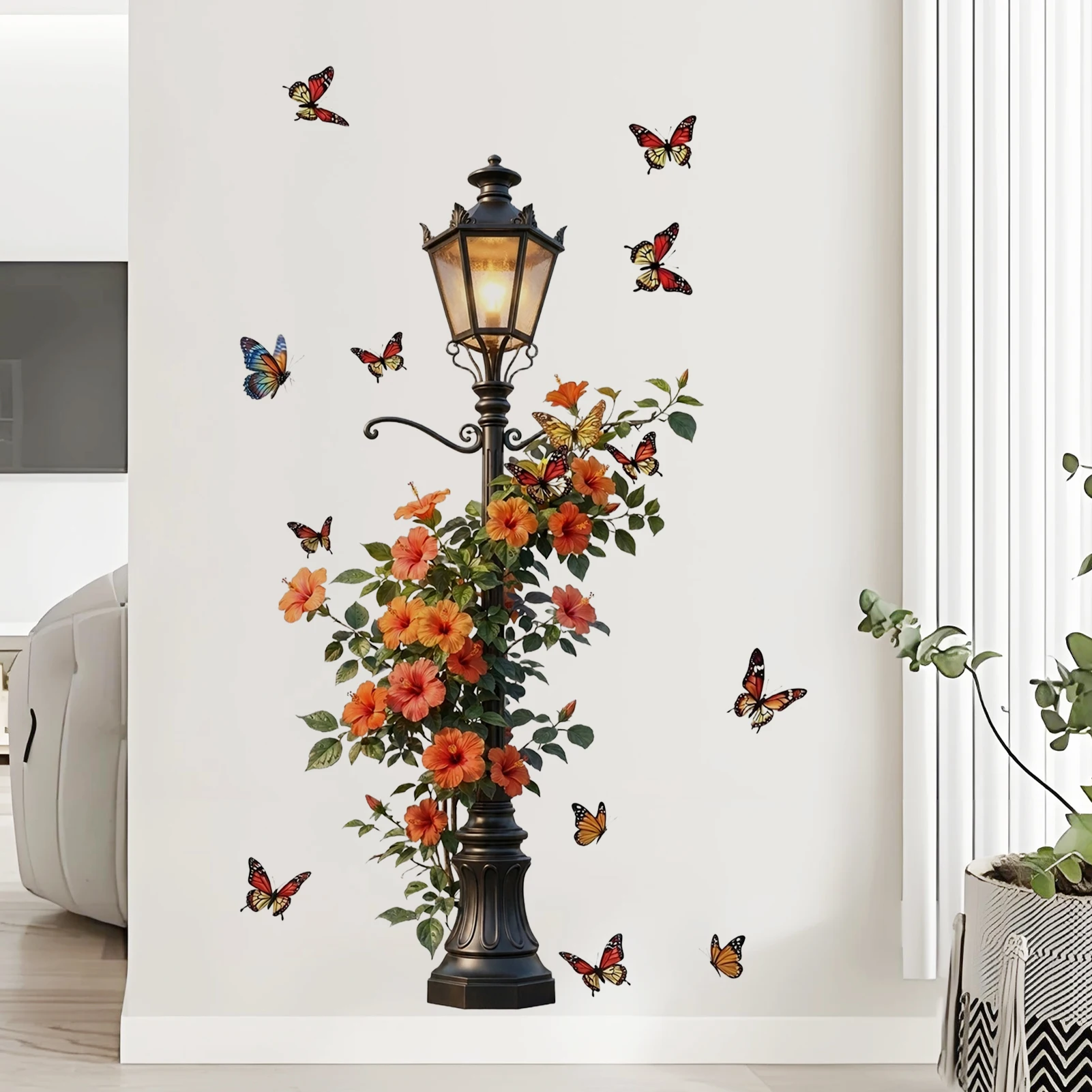 Retro Street Light with Orange Flowers & Butterflies Wall Sticker, Romantic Floral Vinyl Decal for Room Decor