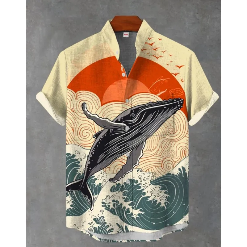 

Men's Linen Patterned Shirt, Short Sleeved Button Down Collar Summer Top Vacation Casual Hawaiian Shirt Chalas Hombre Verano