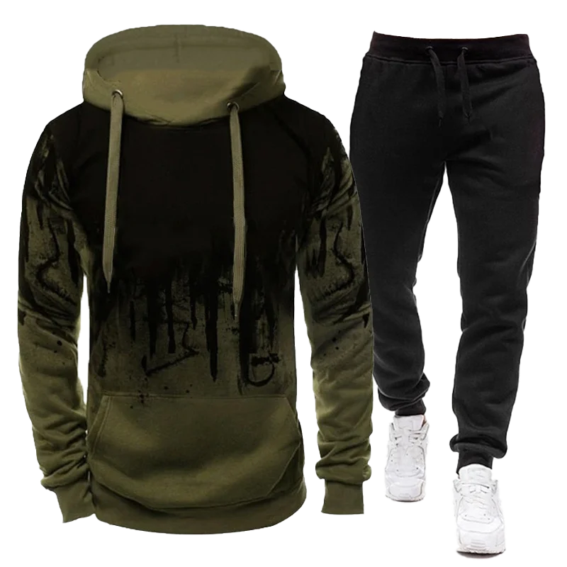 2023 Sportswear Men\'s casual Hoodie pants 2-piece autumn and winter jogging splash ink long sleeve splash ink sweater suit S-4XL