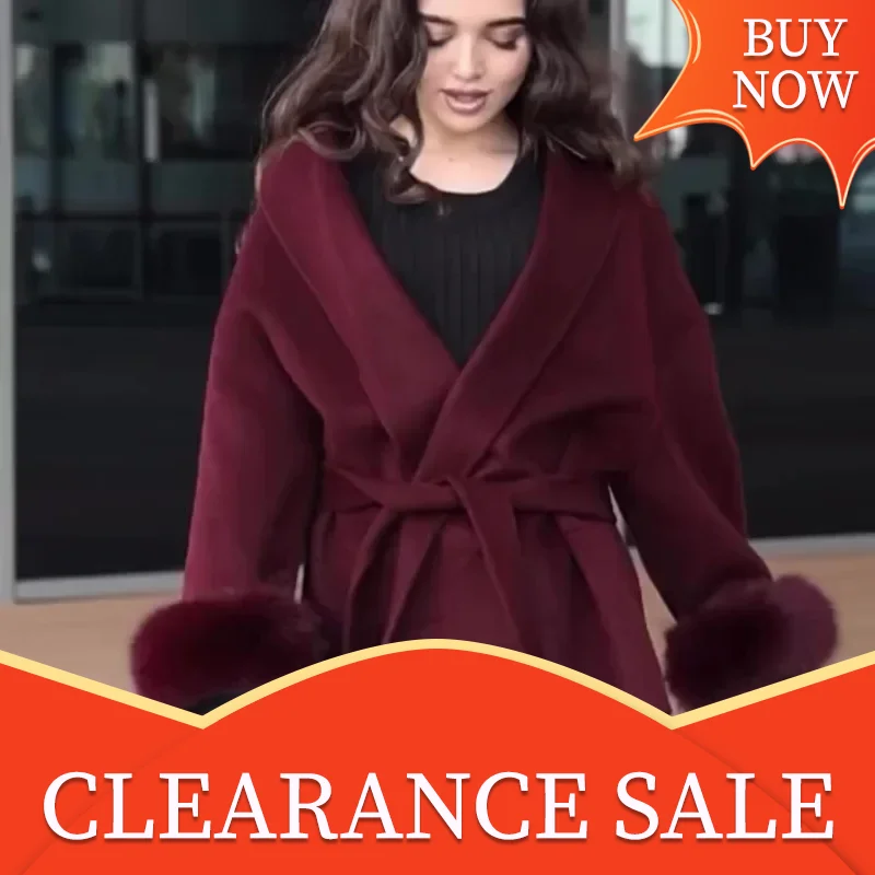 Fashion Burgundy Fur Splicing Belted Woolen Coats Women's Elegant Loose Long Sleeve Crop Jackets 2025 New Lady Chic Streetwear