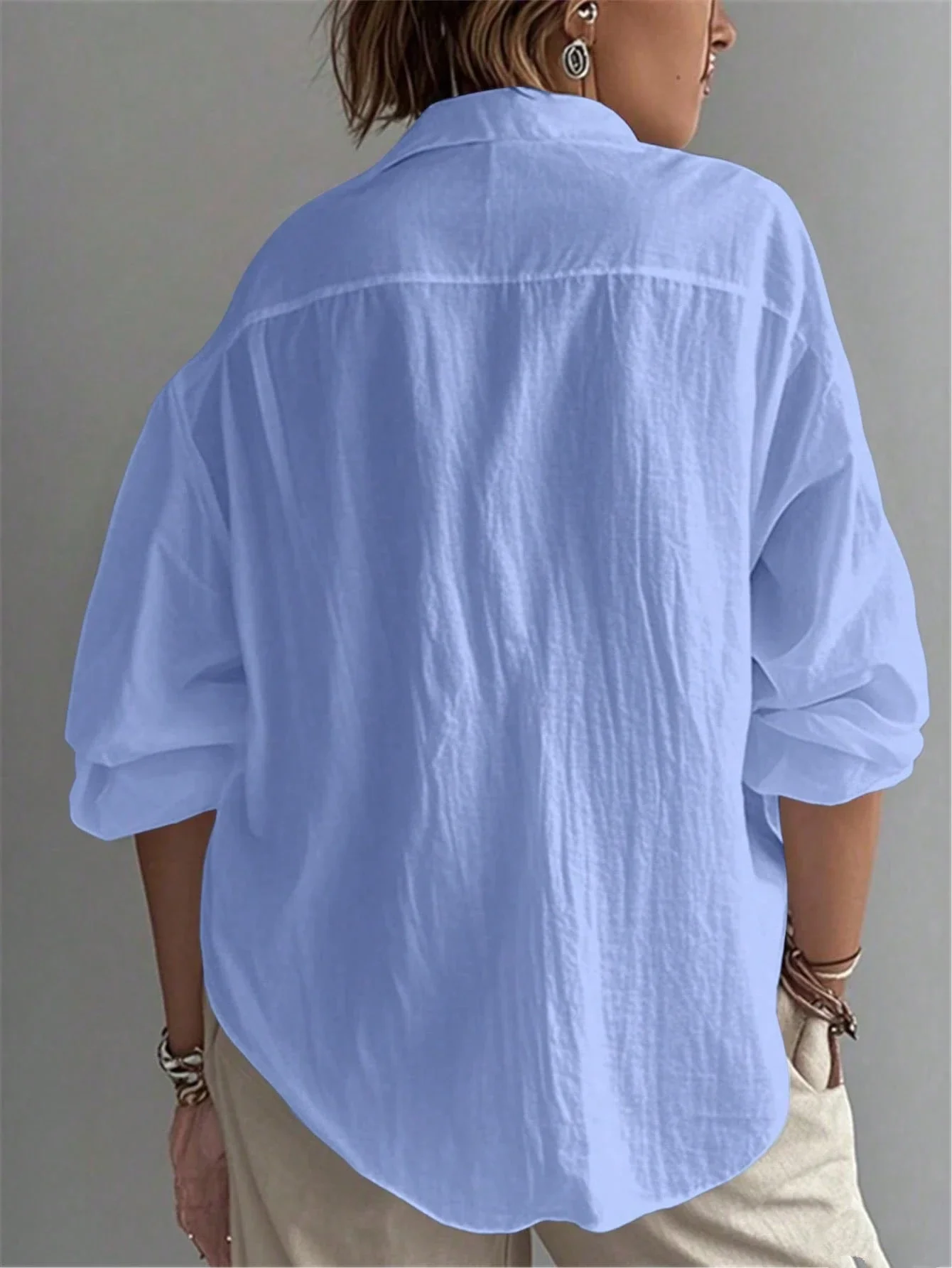 

Women Solid Color Casual Long Sleeve Bishop Sleeve Shirt Turn-Down Collar Button Placket Spring Top