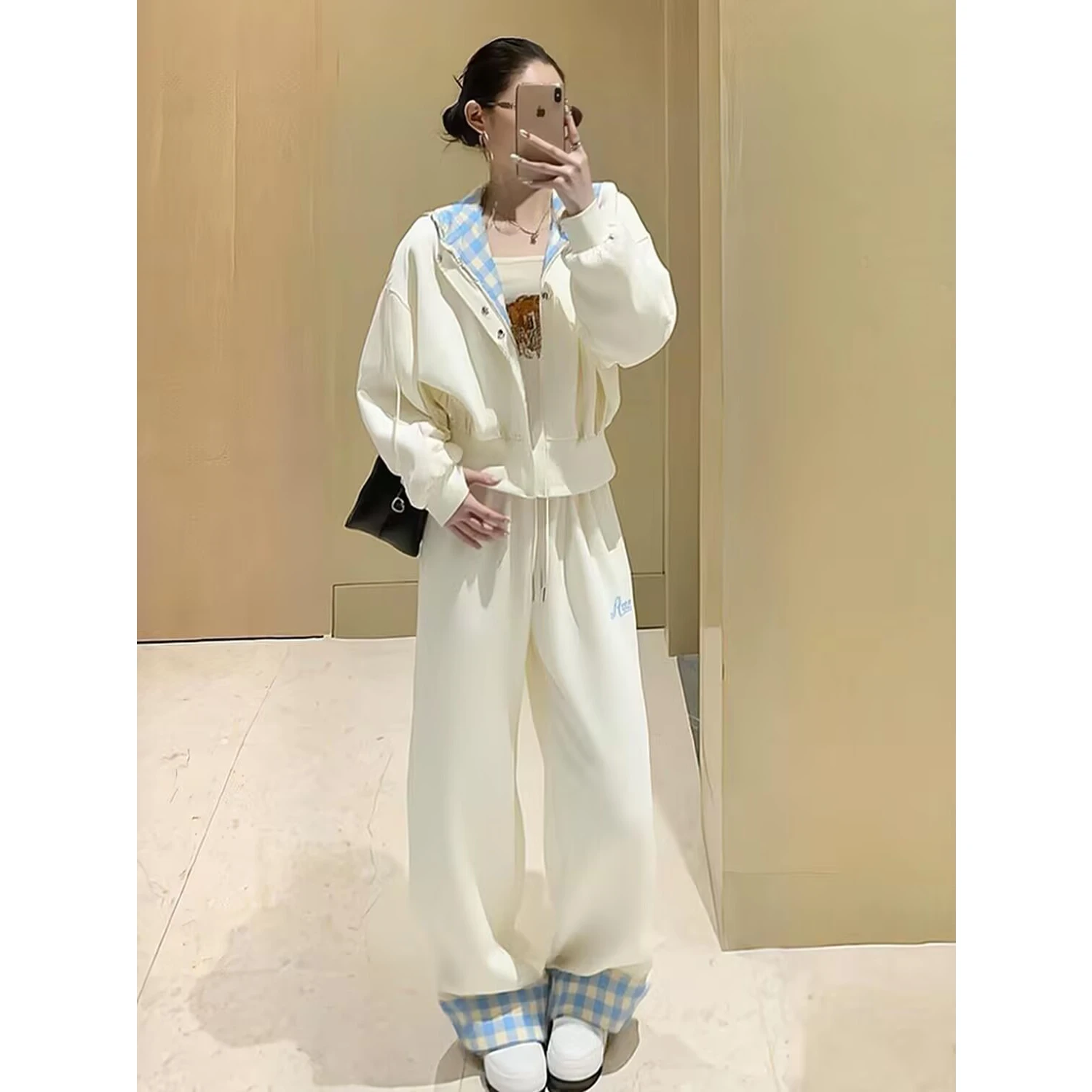 Women's Casual Sportswear Set Loose Fit Hoodie And Pants Diagonal Pattern Cotton Simulation Spring Autumn Two-Piece Suit