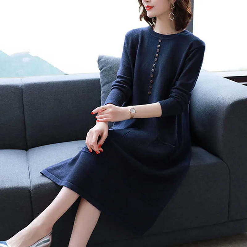 2024 Women Knitting Sweater Dress O-Neck Pullover Pockets Buttons Solid Casual Oversize Vestidos Office Lady Bottom Clothes