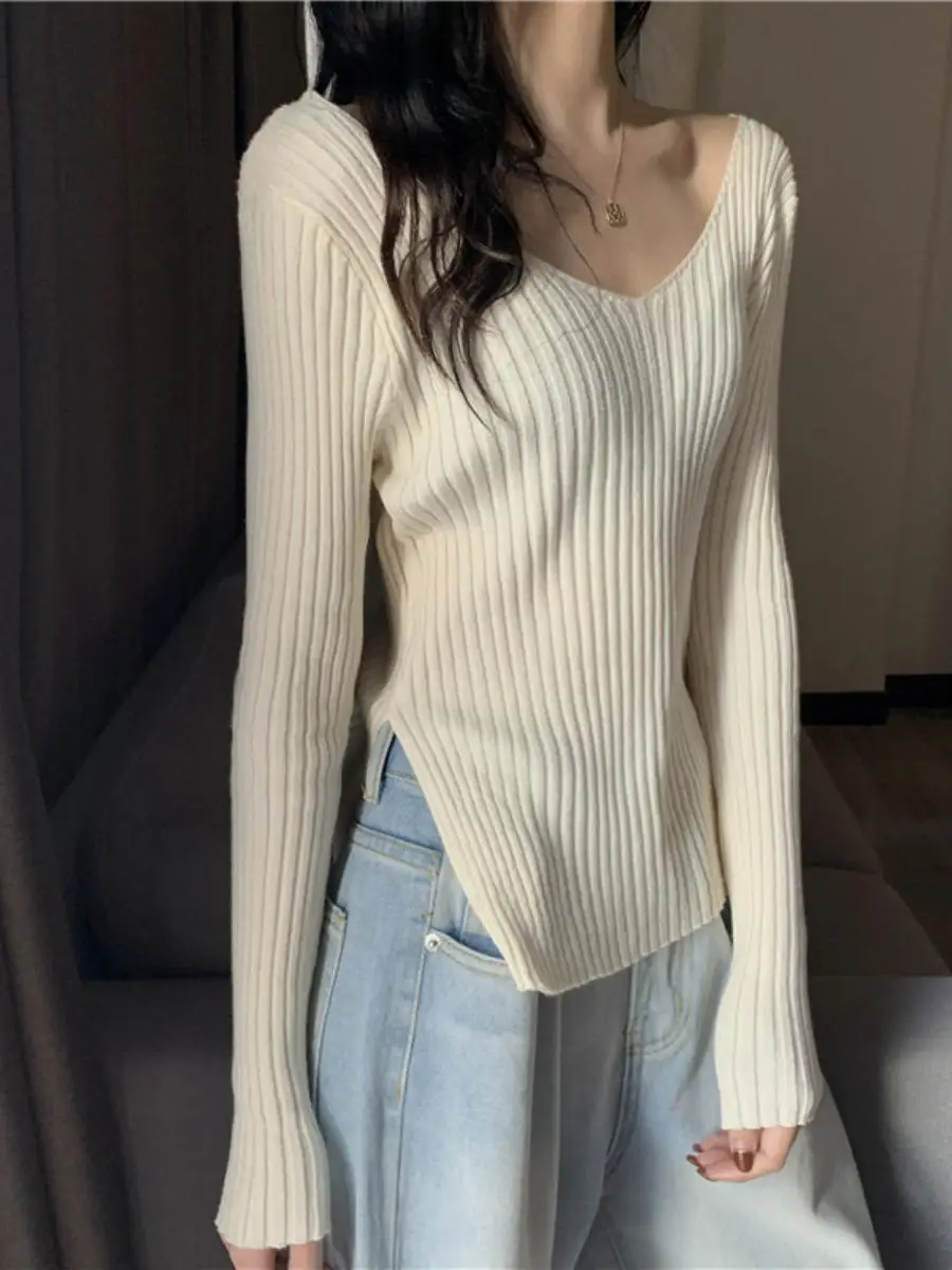 

Женский вязаный базовый свитер с v-образным вырезом, облегающий внутренний свитер, осенний новый дизайн, Sense Split Commute Sle Long Sve