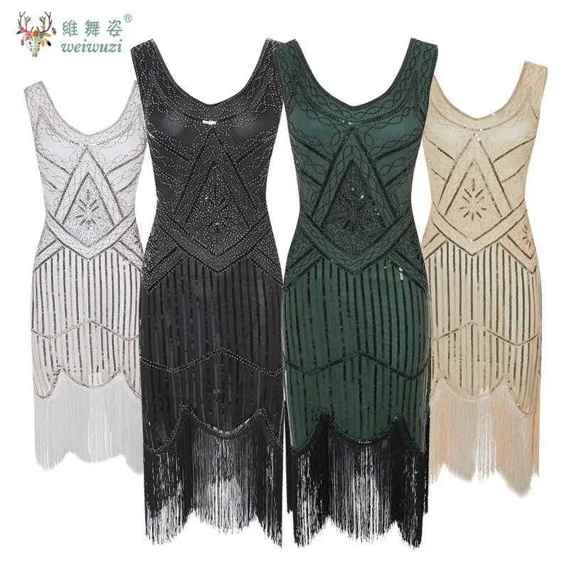 플러스 사이즈 1920년대 플래퍼 드레스 그레이트 개츠비 프롬 이브닝 가운 V넥 신상 여성 우아한 블랙 스팽글 비즈 태슬 파티 드레스