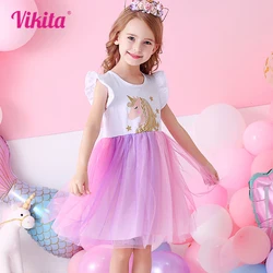 VIKITA Girls Flare Sleeve Summer Vestidos Girls Unicorn Print Cartoon Patchwork Dress Girl Party Princess Cute Mesh Tulle Dress