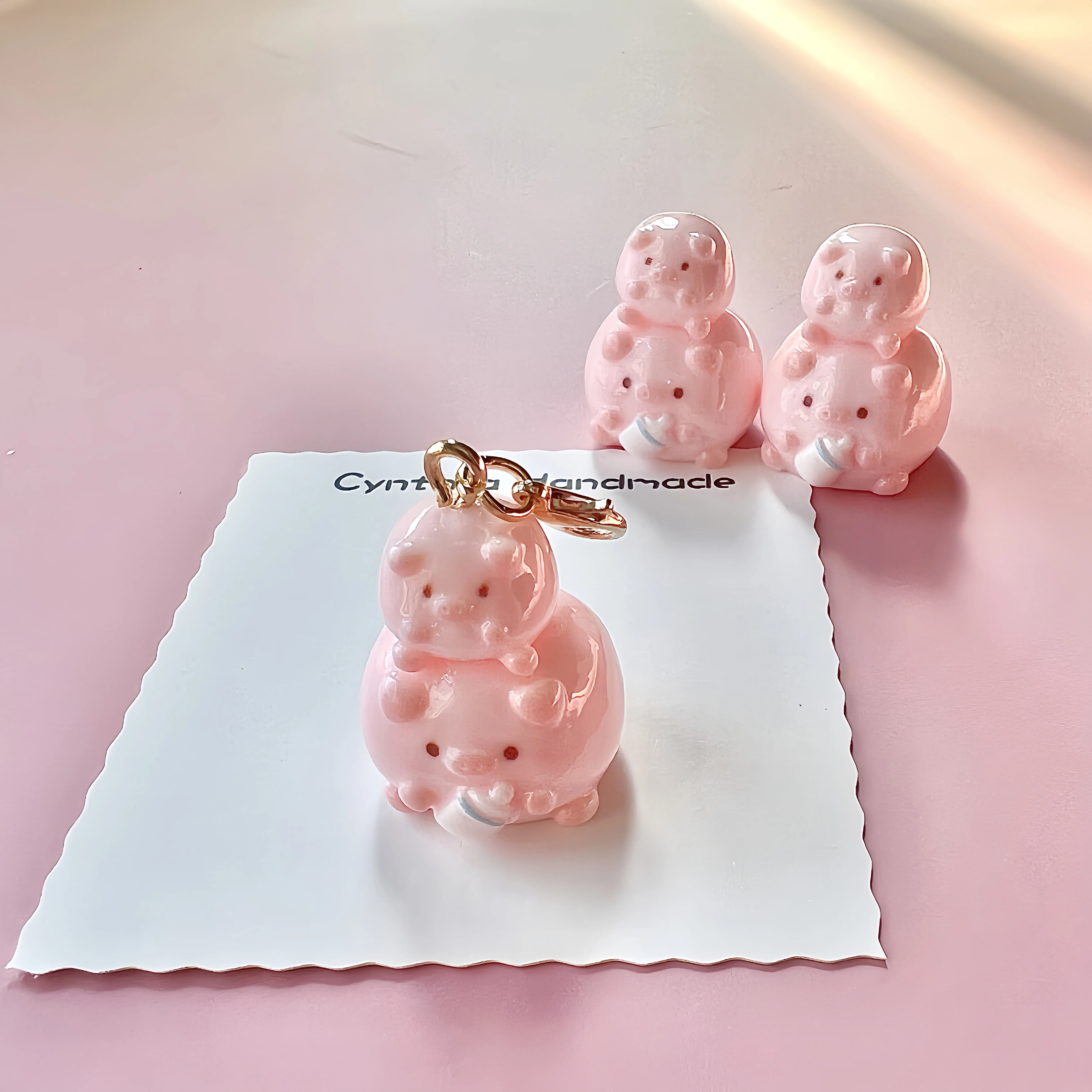 Pink Piggy Stacking Style Lovely Keychain Pendant  Handmade Cartoon Anime Key Ring, Delightful Bag Accessories for Students